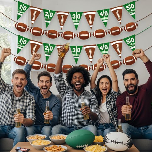 Pre-strung Football Party Decorations Banner - 4 Pack Football Garland with Triangle Flags & Pennants for Sports Themed Birthday, Tailgate Party Supplies