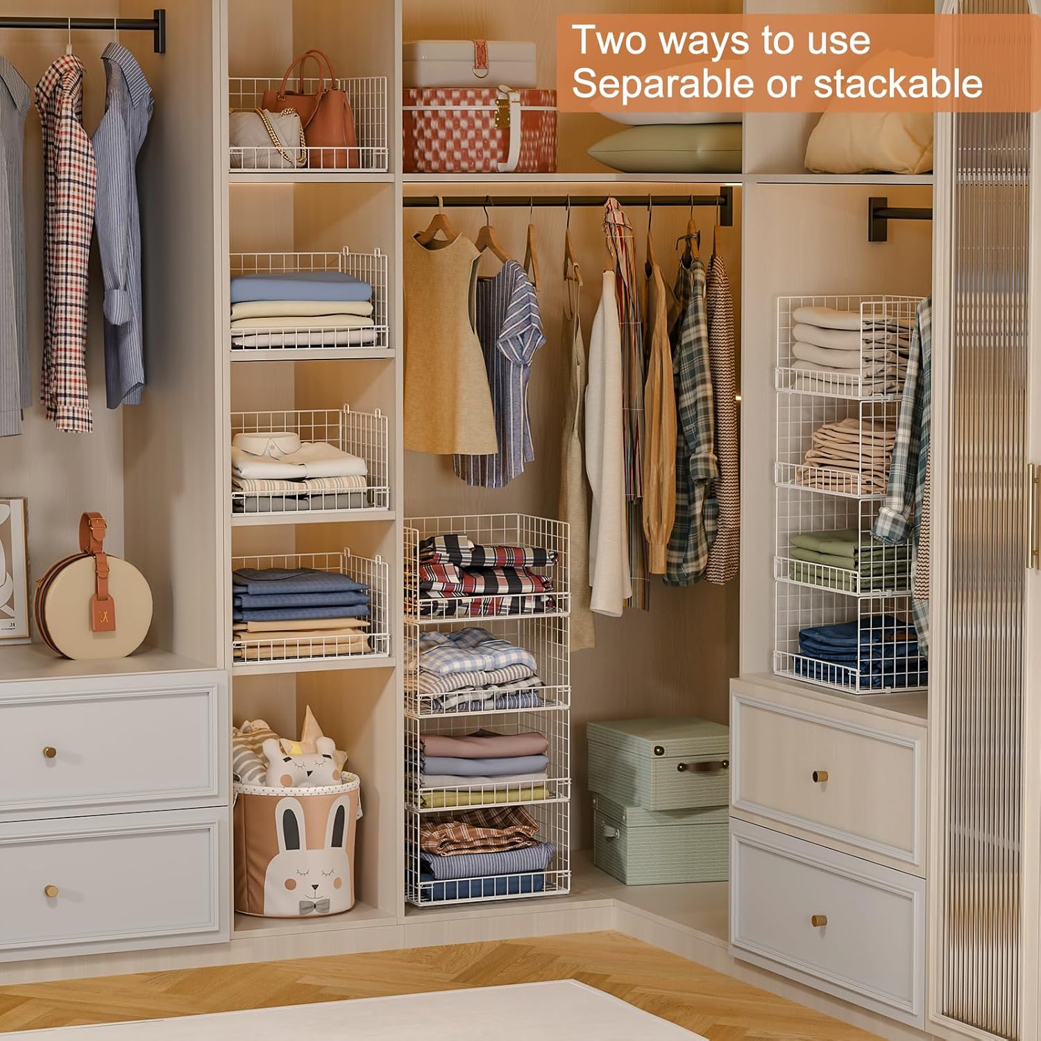 Yociyoga 4-Tier Stackable Closet Organizer - Space-Saving Foldable Storage Baskets | White