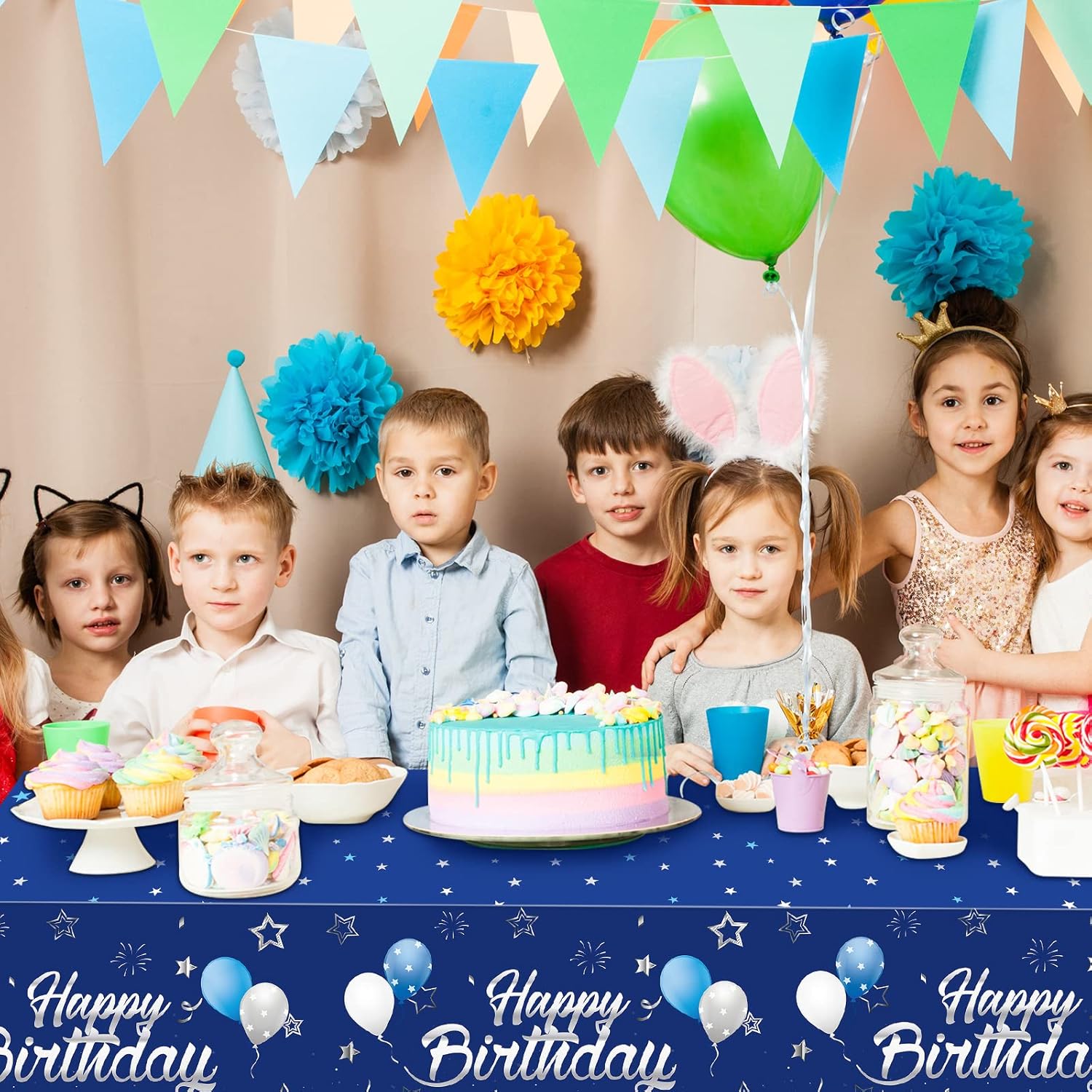 Tegeme Navy Blue Tablecloths - Starry Confetti Design for Kids' Birthday Parties | 3-Pack
