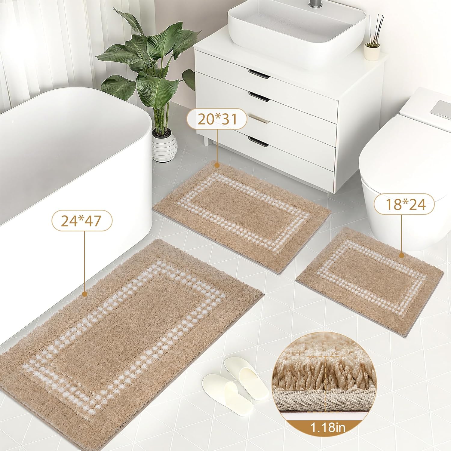 Skiennix Beige Bathroom Rugs - Non-Slip Washable Microfiber Mats | Plush & Absorbent 20x31 Inches