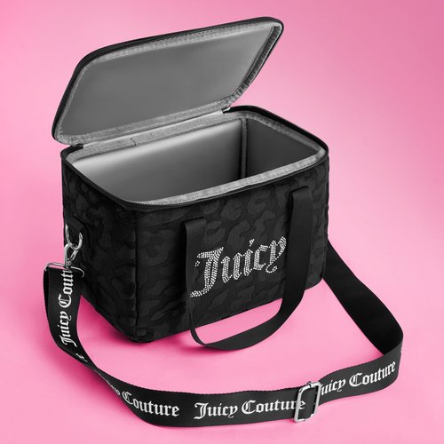 Juicy Couture Chill Couture Lunch Tote Bag With Adjustable Strap, Black Debossed Leopard Velour with Silver Juicy Rhinestones - Women's Lunch Box Bag for Work, School, Travel