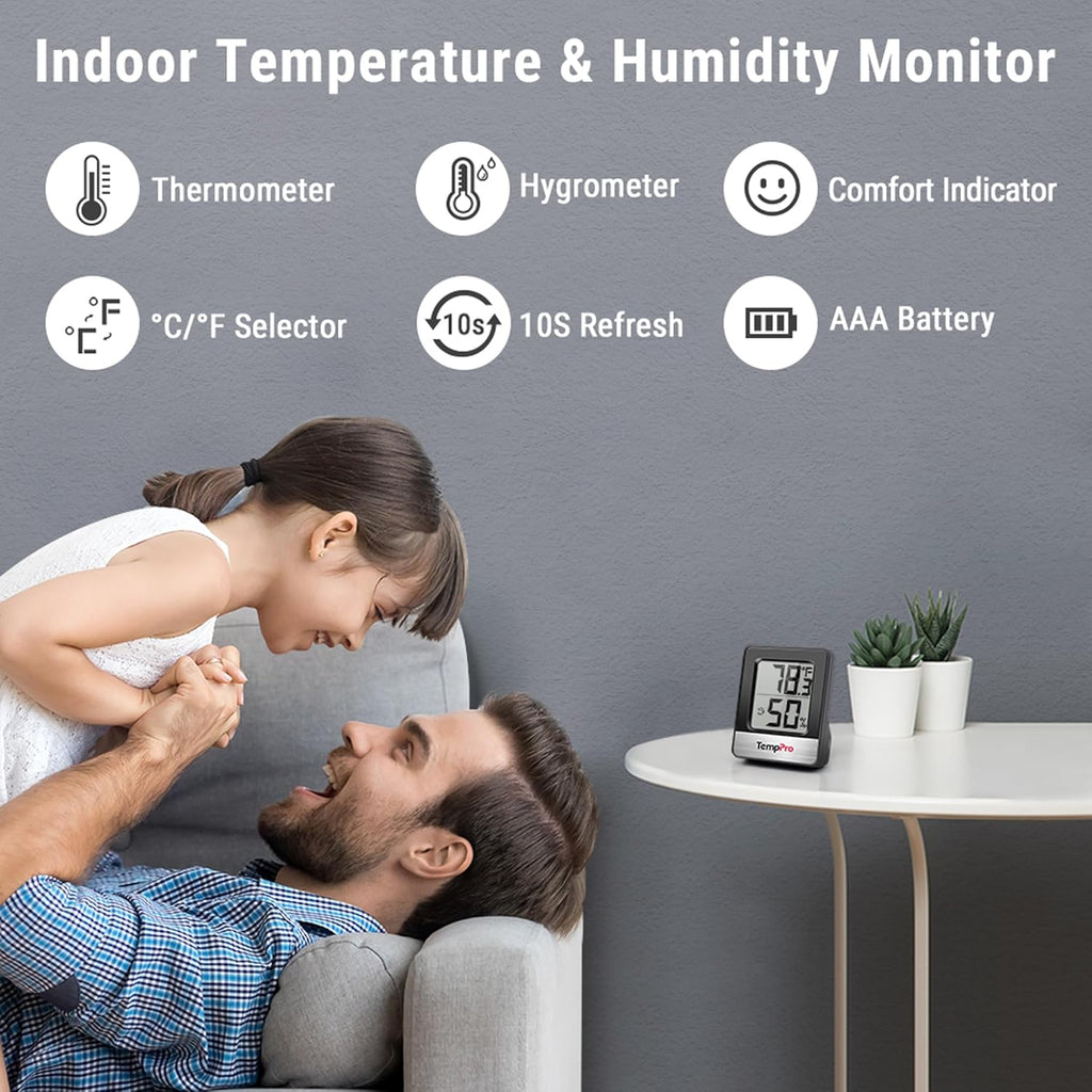 TempPro Digital Hygrometer | 3-Piece Indoor Thermometer & Humidity Meter - Accurate Room Monitoring, Black