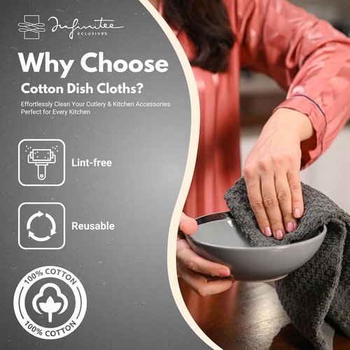 Infinitee Xclusives Premium Cotton Dish Cloths - Ultra Soft & Highly Absorbent | 12x12 Inches | Pack of 4 | Grey