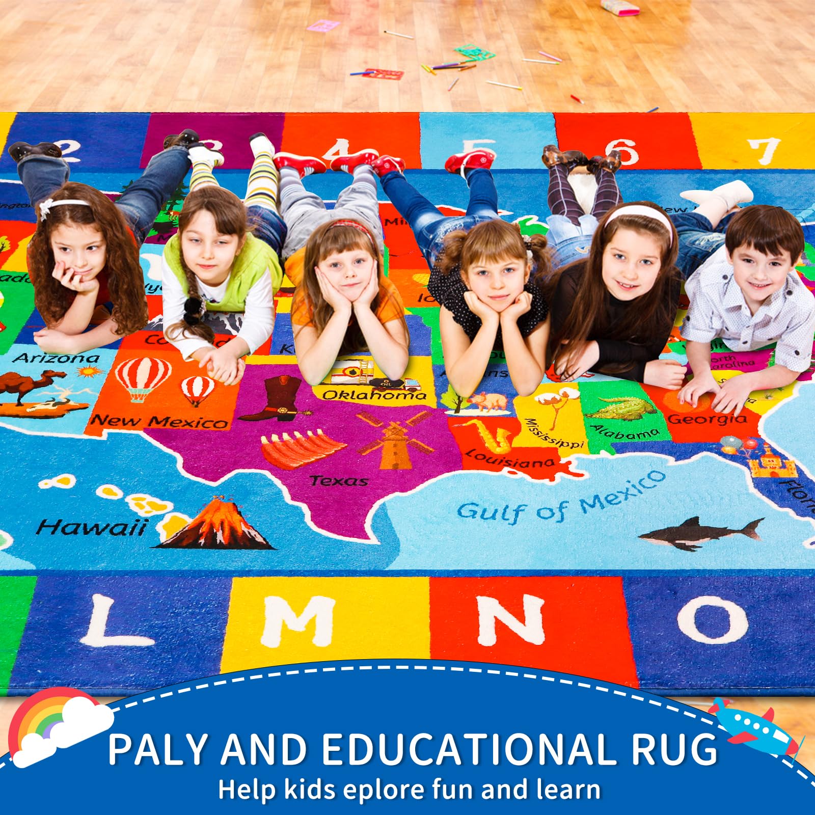 LTKOUGFAM USA Map ABC Kid Rug 39.4" × 63" for Playroom Geography Classroom Rug Educational Baby Playmat Alphabet Mat for Primary School Fluffy Ployester Non-Slip Preschool Carpet for Nursery Room