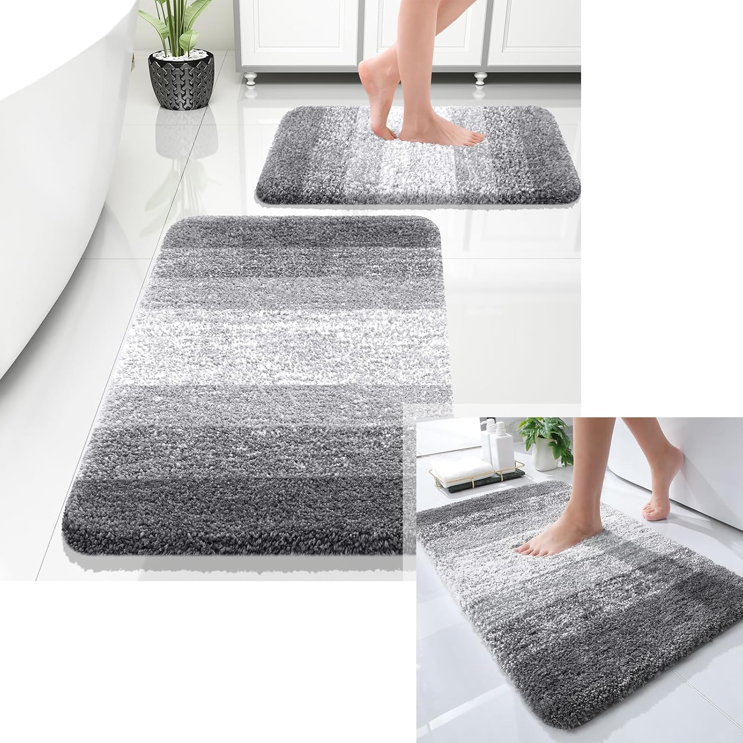 OLANLY Ombre Bath Rug Set - Soft and Absorbent 2-Piece Bathroom Rugs in Grey | 30x20 & 24x16 Inches