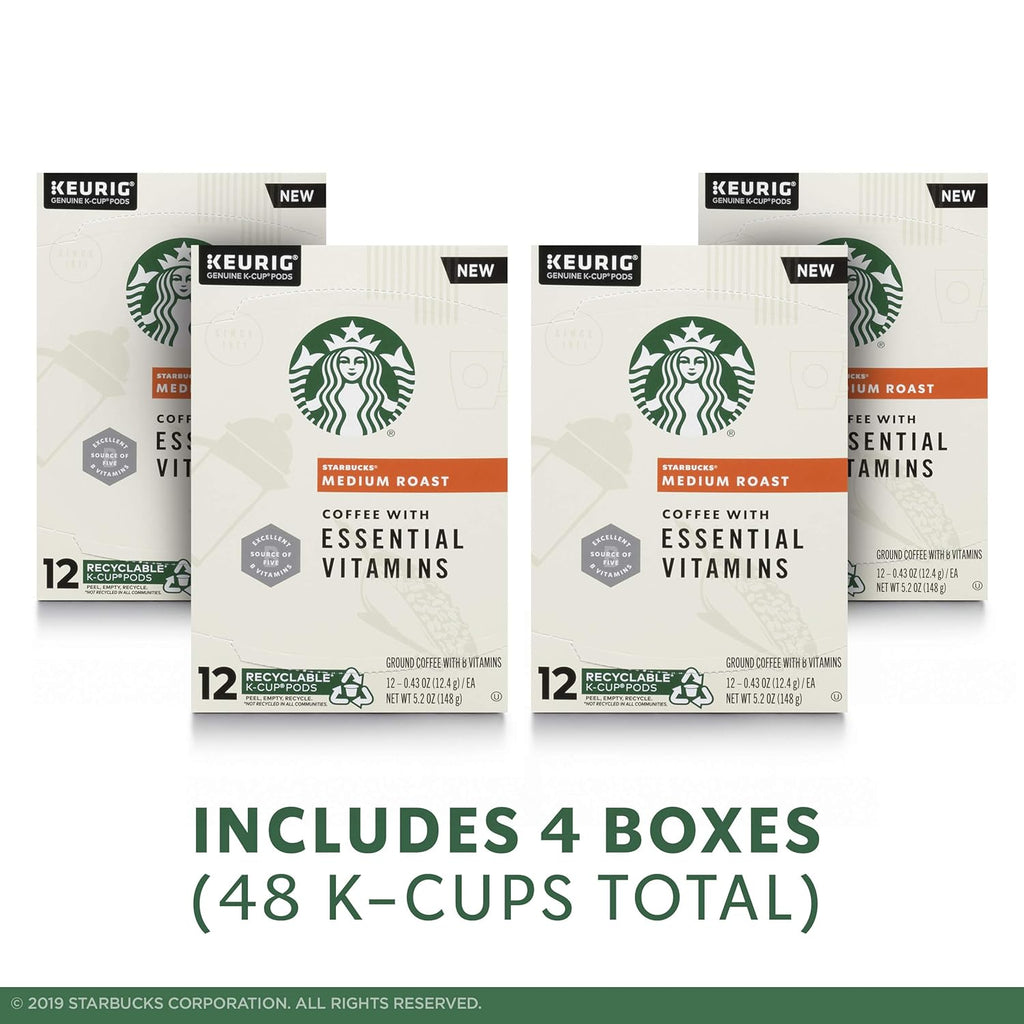Starbucks Medium Roast K-Cup Coffee Pods - Essential B Vitamins for Keurig Brewers | 4 Boxes (48 Pods)