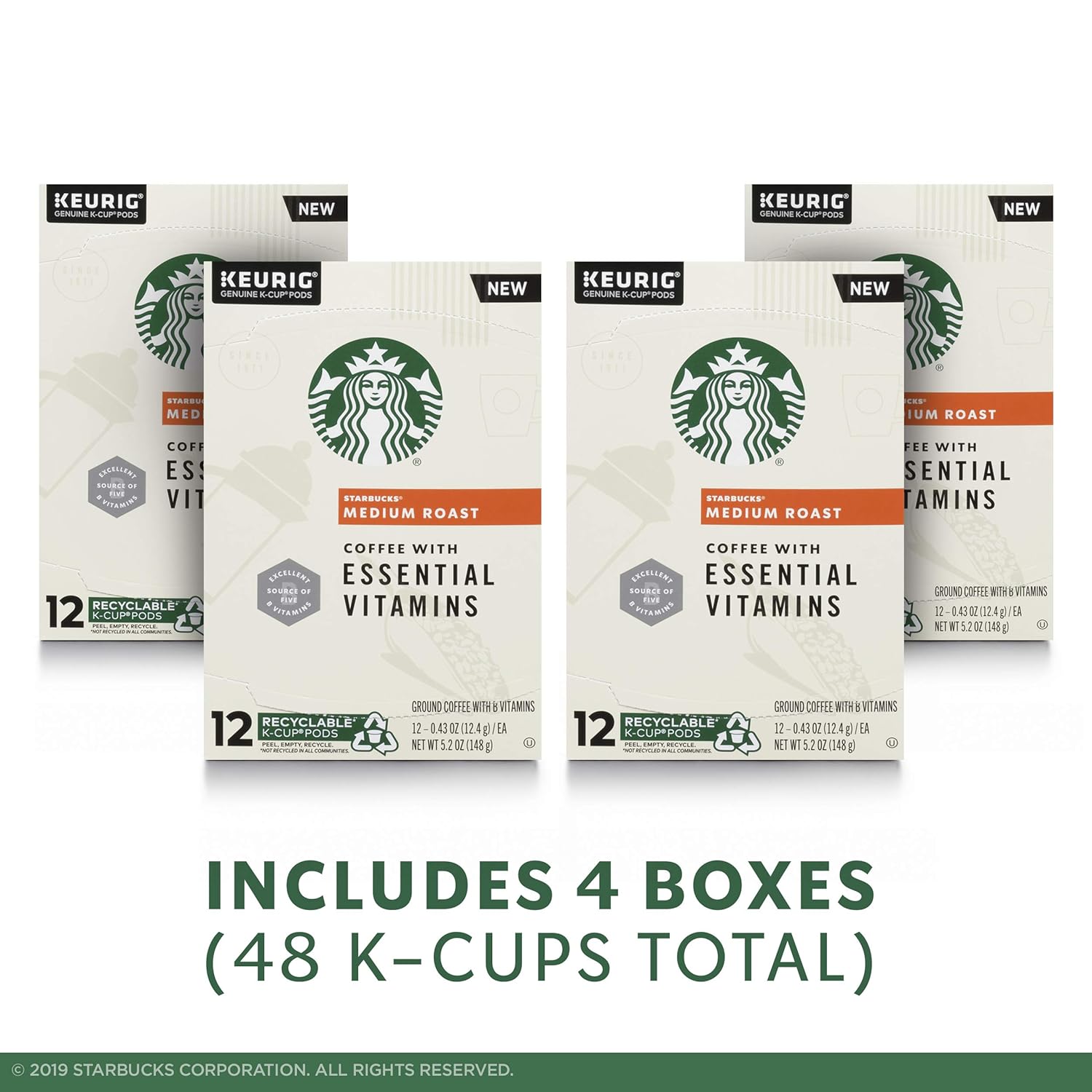 Starbucks Medium Roast K-Cup Coffee Pods - Essential B Vitamins for Keurig Brewers | 4 Boxes (48 Pods)