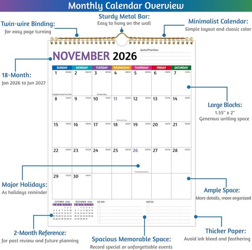 2026-2027 Wall Calendar by [Brand Name] - Large Blocks, Thick Paper, 11.5 x 14.5 In | Perfect for Organizing Holidays & Notes