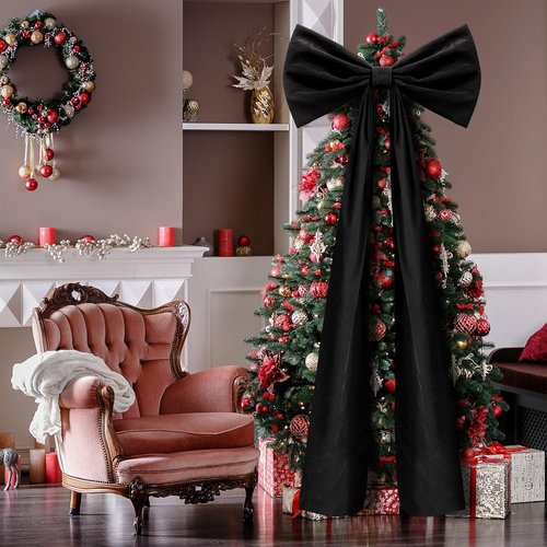 Knitgrip Extra Large Velvet Christmas Tree Topper Bow - 20 x 71 Inches | Black Holiday Decor
