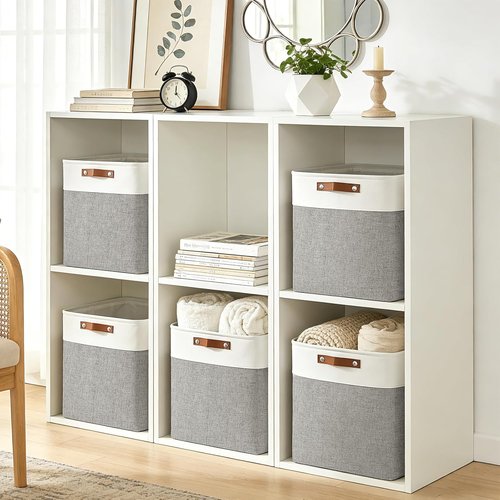 Bagnizer Large Fabric Storage Baskets - 50L Decorative Linen Bins with Handles for Organizing | Grey & White, 17x12x15 Inches