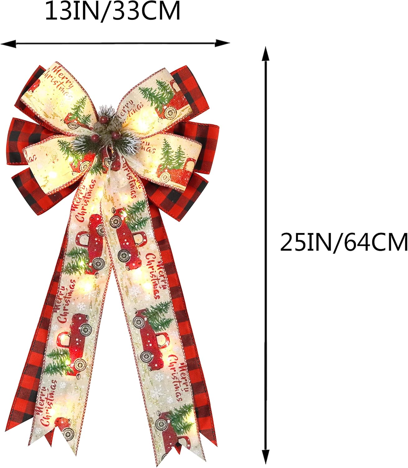 Regine Switzerland Christmas Tree Topper Bow - 30 LED Lights, 13”x25” Rustic Red Black Buffalo Plaid Decor