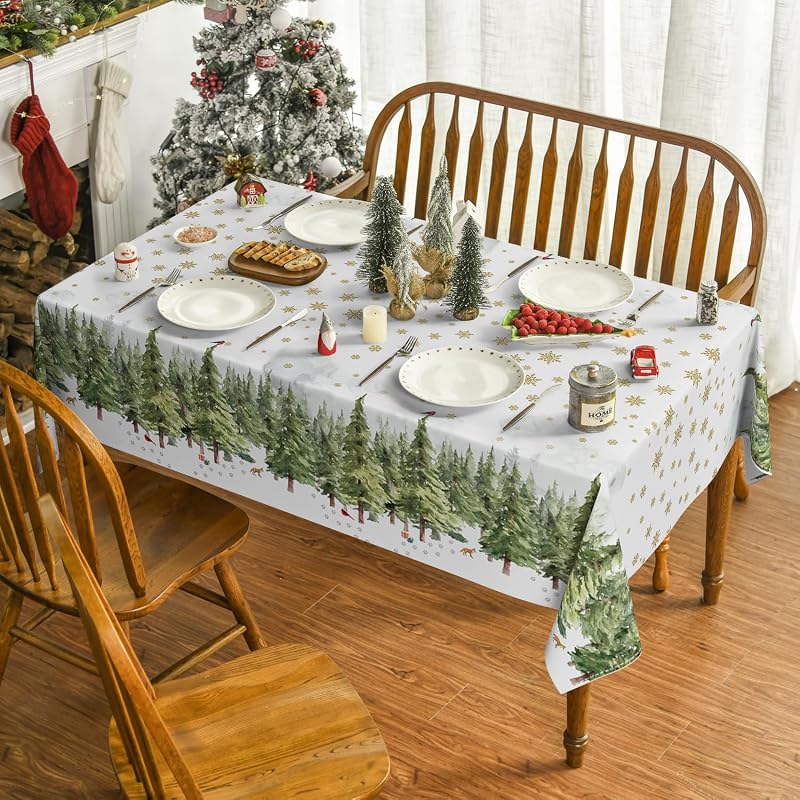 Horaldaily Christmas Tablecloth 60x60 Inch Square with Green Snow Trees - 100% Polyester