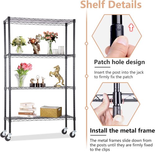 BestOffice 4-Tier Wire Storage Shelves - Heavy-Duty Metal with Wheels | Adjustable, 36x14x62 | Black | Easy No-Tool Assembly, Holds Up to 500 lbs | Perfect for Home & Garage