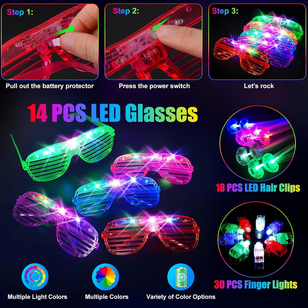 SHQDD Glow in the Dark Party Supplies - 158 PCS Set with LED Glasses, Finger Lights & Glow Sticks
