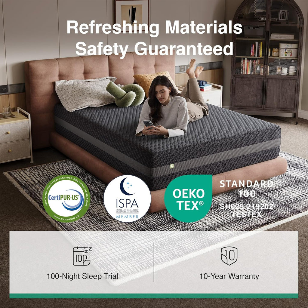 Novilla 14 Inch Queen Gel Memory Foam Mattress - Green Tea-Infused for Pressure Relief & Support
