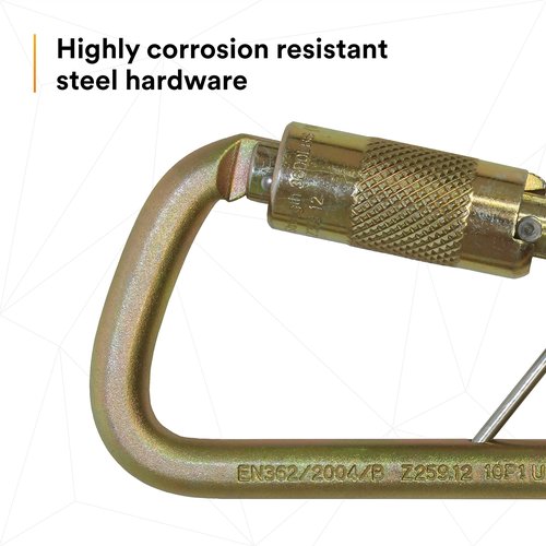 3M DBI-SALA Saflok 2000117 Carabiner, 11/16" Gate Opening Steel, with Self Closing Locking Gate, Yellow-Zinc