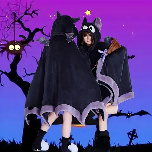 Cute Halloween Wearable Blanket Hoodie Free Size for Adults Devil Bat Hooded Blanket Oversized Soft Sherpa Hoodie Women Throw Cloak Wrap with Demon Wings for Men Child Student