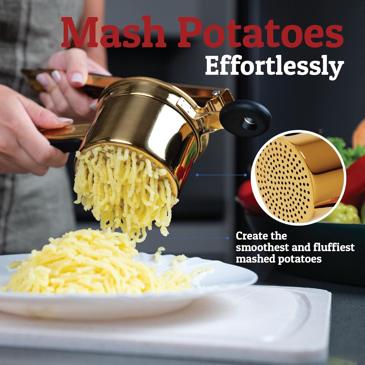 PriorityChef 15oz Potato Ricer - Heavy Duty Stainless Steel Masher With 3 Discs | Gold & Black Silicone