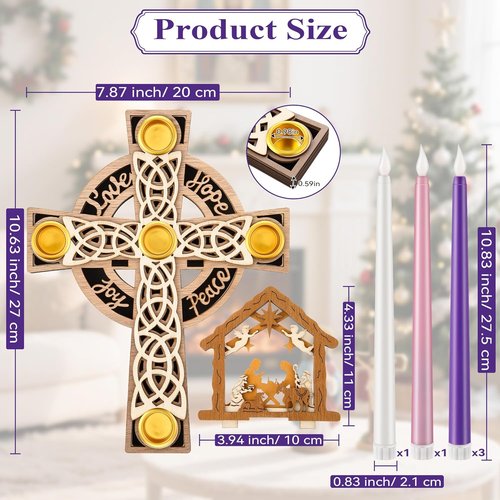 Christmas Advent Wreath Candle Holder - 5 Flameless Candles & Wood Cross Nativity Scene | Festive Table Decor