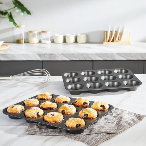 HONGBAKE Nonstick Muffin Pan - 12 Cup Cupcake Tin Set, Dishwasher Safe - Dark Grey Finish