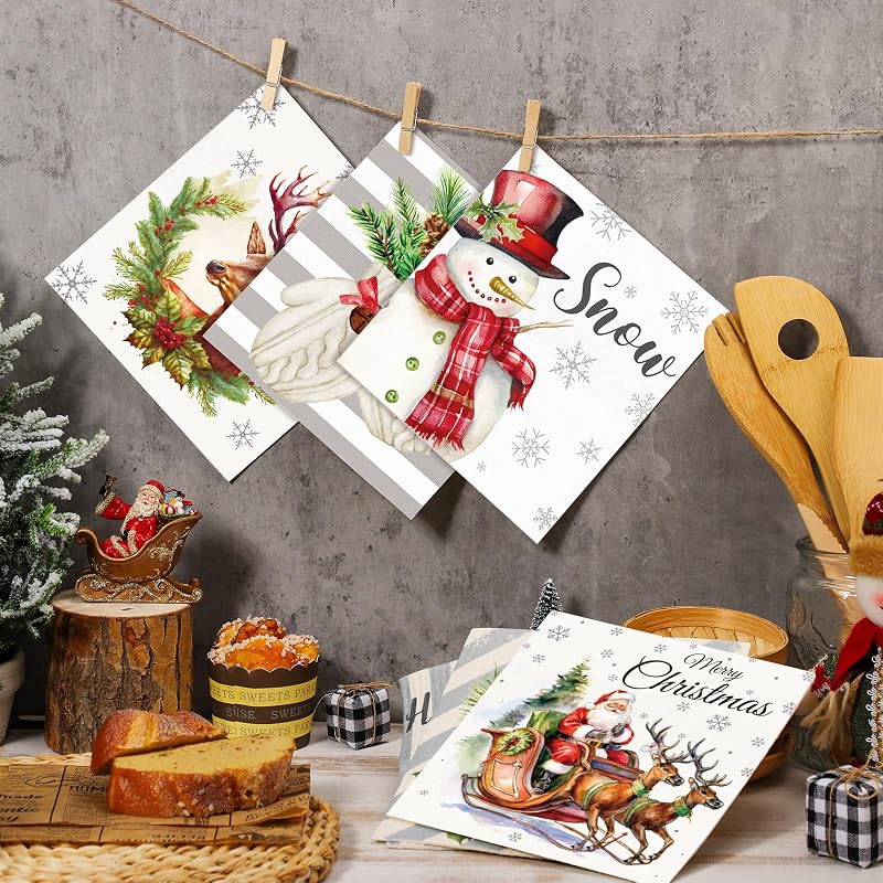 Buryeah 6 Pack Christmas Swedish Dishcloths - Rustic Colors + Reindeer Variation