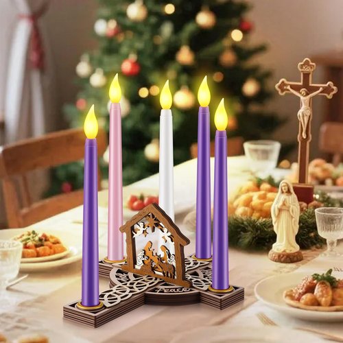 Christmas Advent Wreath Candle Holder - 5 Flameless Candles & Wood Cross Nativity Scene | Festive Table Decor
