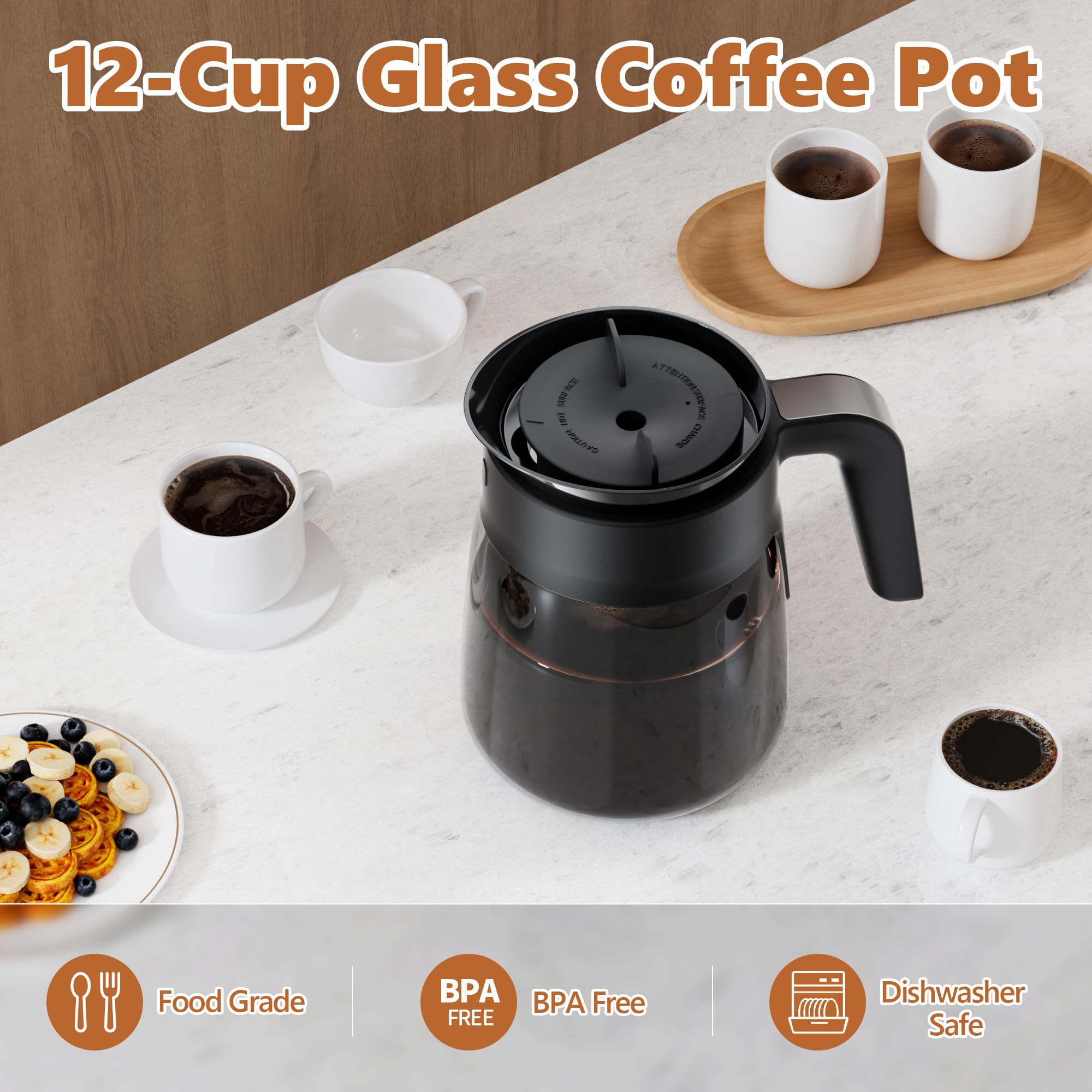 12 Cup Coffee Pot Replacement Compatible with Ninja Coffee Maker CFP101 CFP201 CFP301 CFN601 CFP307 CFN602 CM400 CM401 CF090, Glass Carafe for Ninja with Brew-Through Lid, BPA Free, Dishwasher Safe