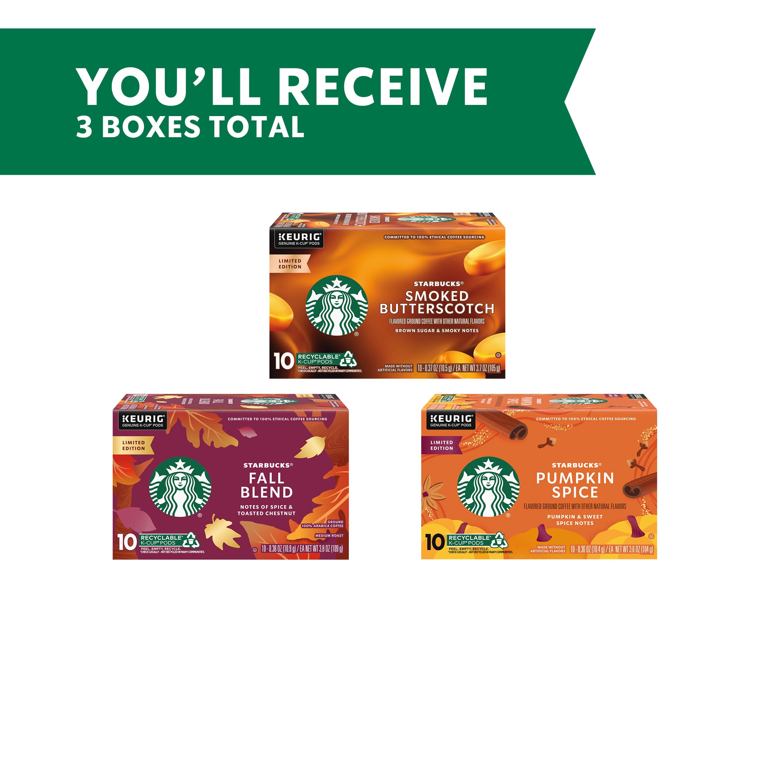 Starbucks K-Cup Coffee Pods, Fall Bundle, Medium Roast and Naturally Flavored Coffee for Keurig Brewers, 100% Arabica, Limited Edition, 3 Boxes (30 Pods Total)