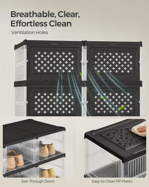 SONGMICS Foldable Shoe Boxes, Pack of 12 Stackable Shoe Storage Organizer, Set of 2 Integraed Shoe Cabinets, Portable, Fit up to US Size 13, 60s Assembly, Transparent and Ink Black ULSP206B01