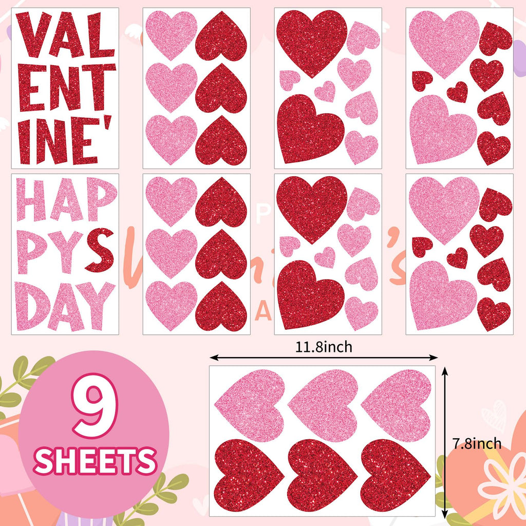 Whaline 9 Sheets Valentine' s Day Wall Stickers Glitter Red Pink Heart Room Mural Stickers Peel and Stick Wall Decals for Home School Office Wedding Anniversary Party Supplies