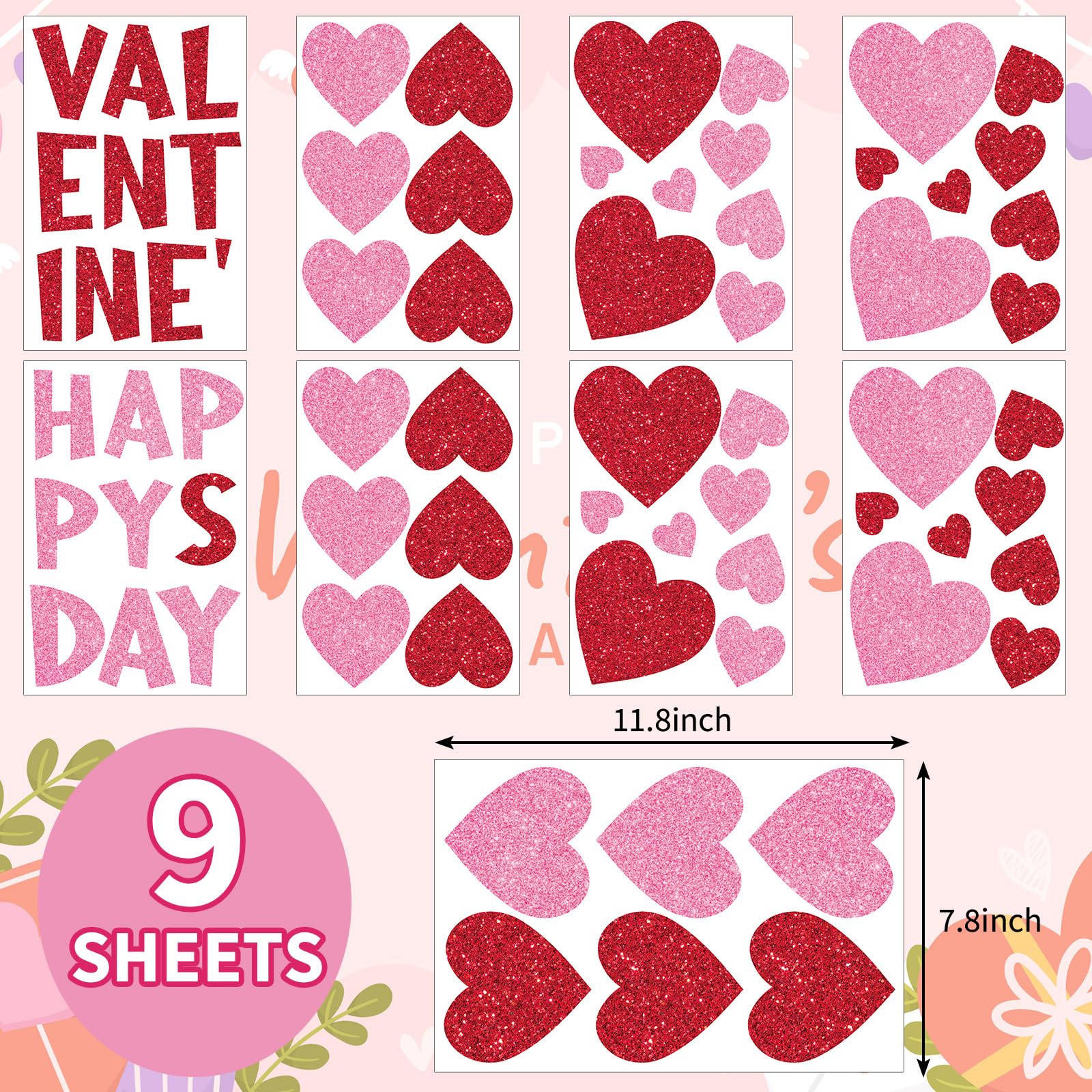Whaline 9 Sheets Valentine' s Day Wall Stickers Glitter Red Pink Heart Room Mural Stickers Peel and Stick Wall Decals for Home School Office Wedding Anniversary Party Supplies