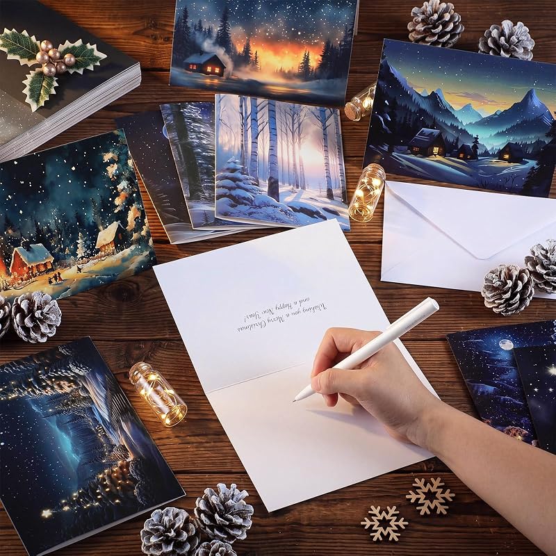 100 Sets Christmas Cards with Envelopes, Stickers, Winter Forest