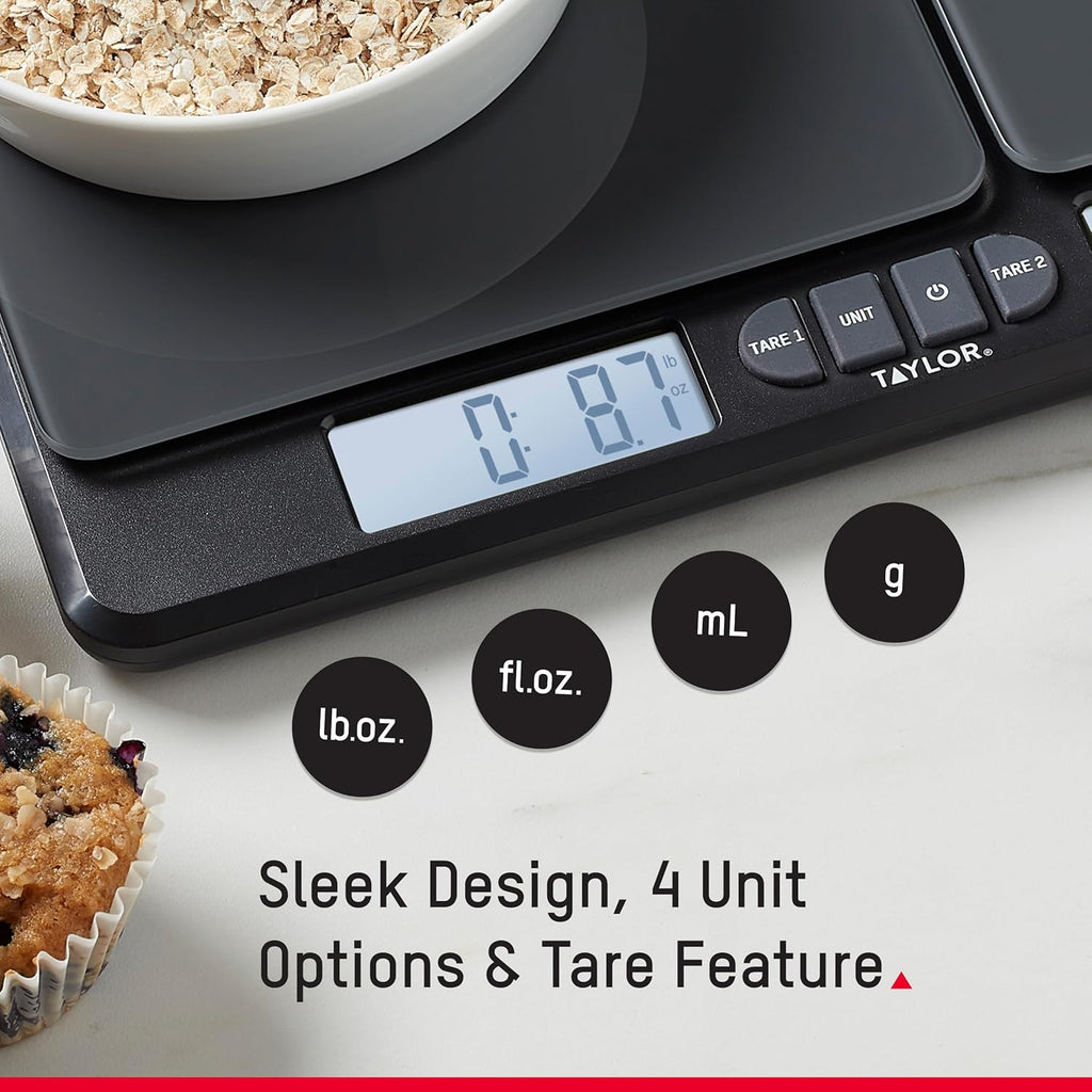 Taylor Dual Platform Kitchen Scale - Digital Grams & Ounces for Weight Loss & Cooking | 15lb Capacity, Black