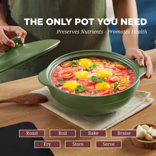 MINH LONG 1-Qt Porcelain Dutch Oven with Lid – Lead & Cadmium Free, Oven Safe to 482°F, Heat Retention, Clay Pot for Cooking on Gas & Infrared Cooktop, Use to Marinate, Cook, Bake, Refrigerate & Serve