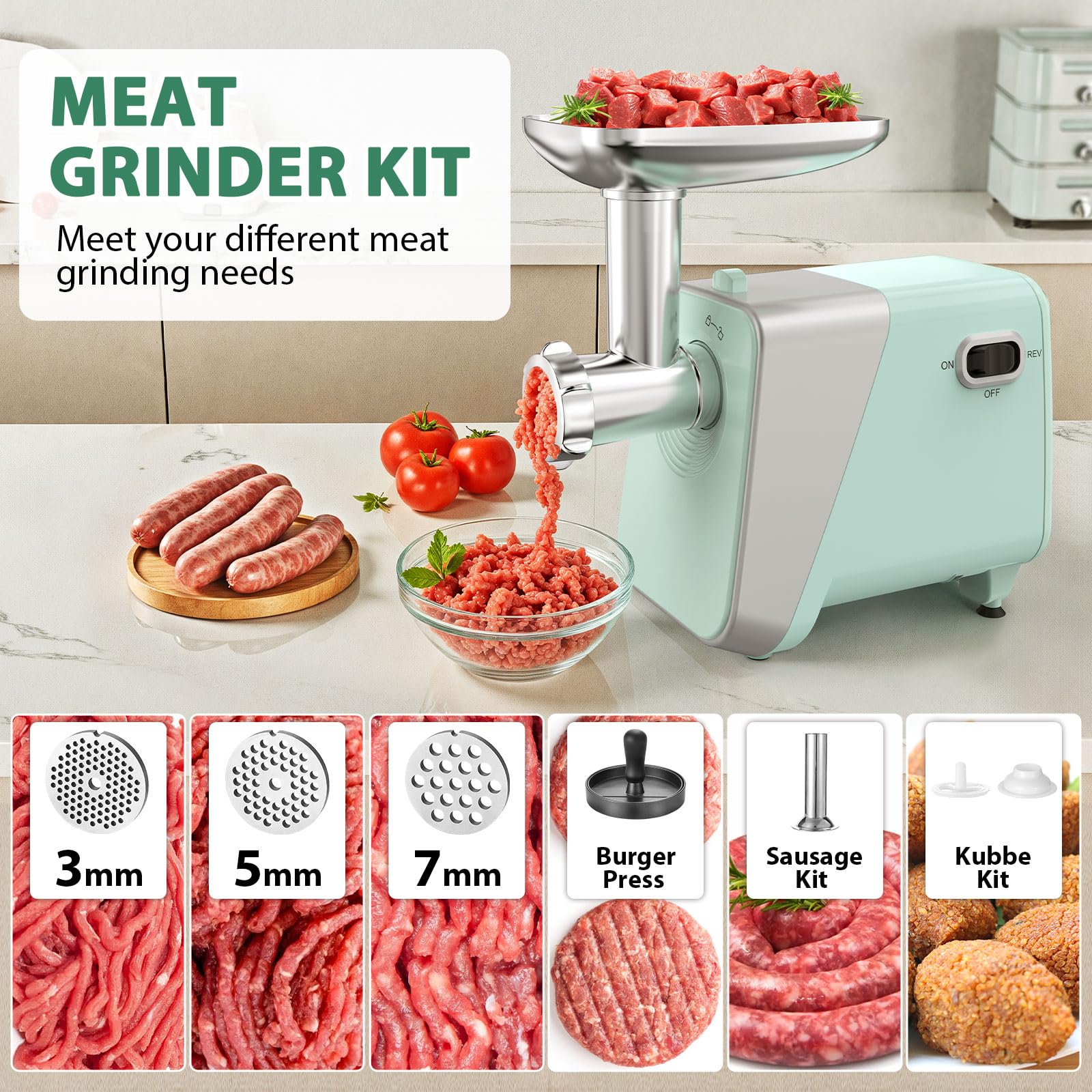 #8 Electric Meat Grinder & Sausage Stuffer - 2800W Heavy Duty Pure Copper Motor, 3 Grinding Plates, Stainless Steel Sausage Maker Machine, Hamburger Press - Easy to Clean, Ideal for Home Use