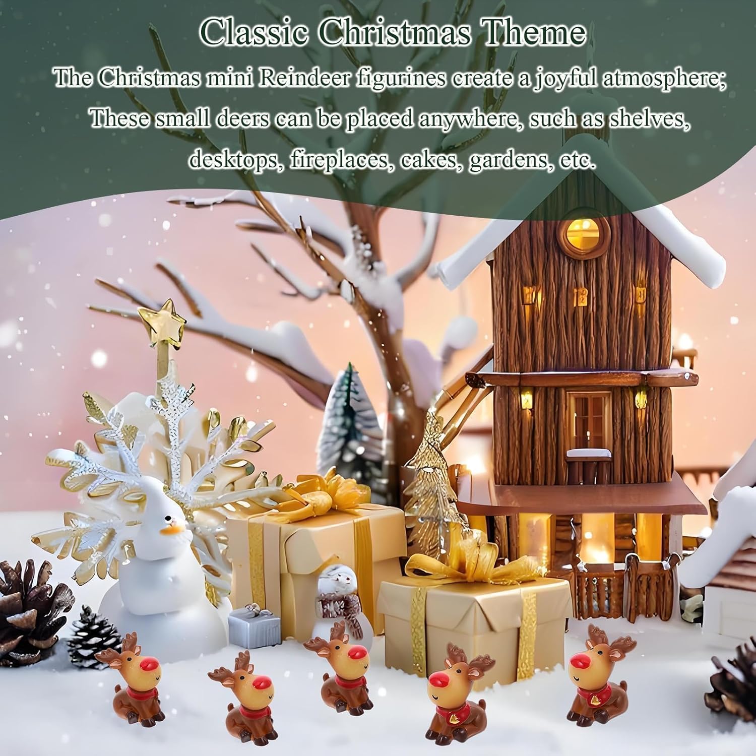 Skiennix Mini Reindeer Figurines - 5pcs Cute Resin Deer Ornaments for Christmas Crafts & Home Decor