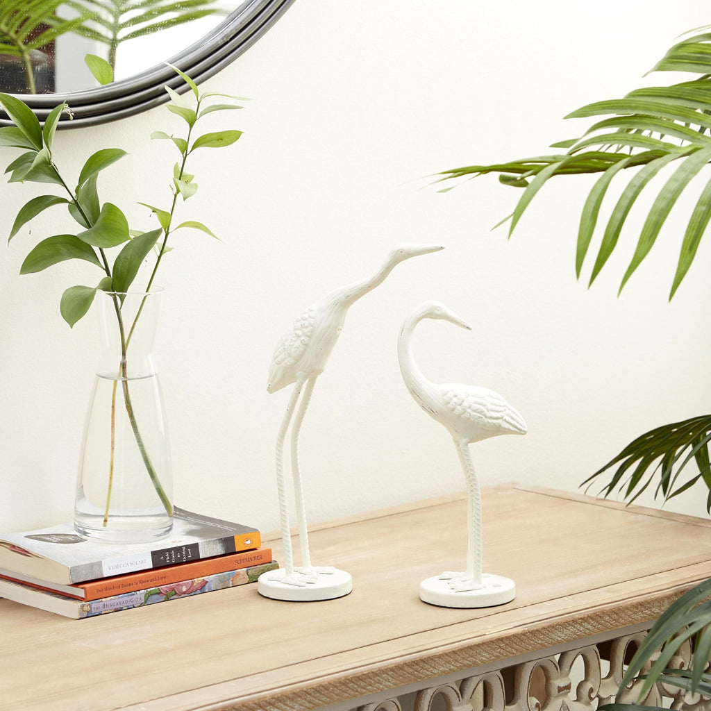 Deco 79 Metal Bird Decorative Sculpture Home Decor Statues, Set of 2 Accent Figurines 10", 12"H, White