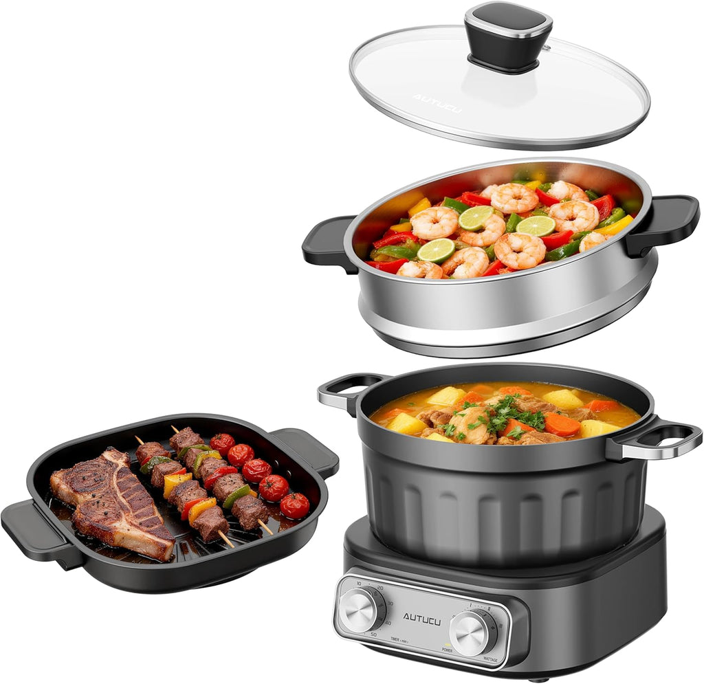 N74SNA Electric Hot Pot Multi-Cooker - 2.5 Quart Nonstick Grill & Steamer Set for Steak, Soup, Ramen
