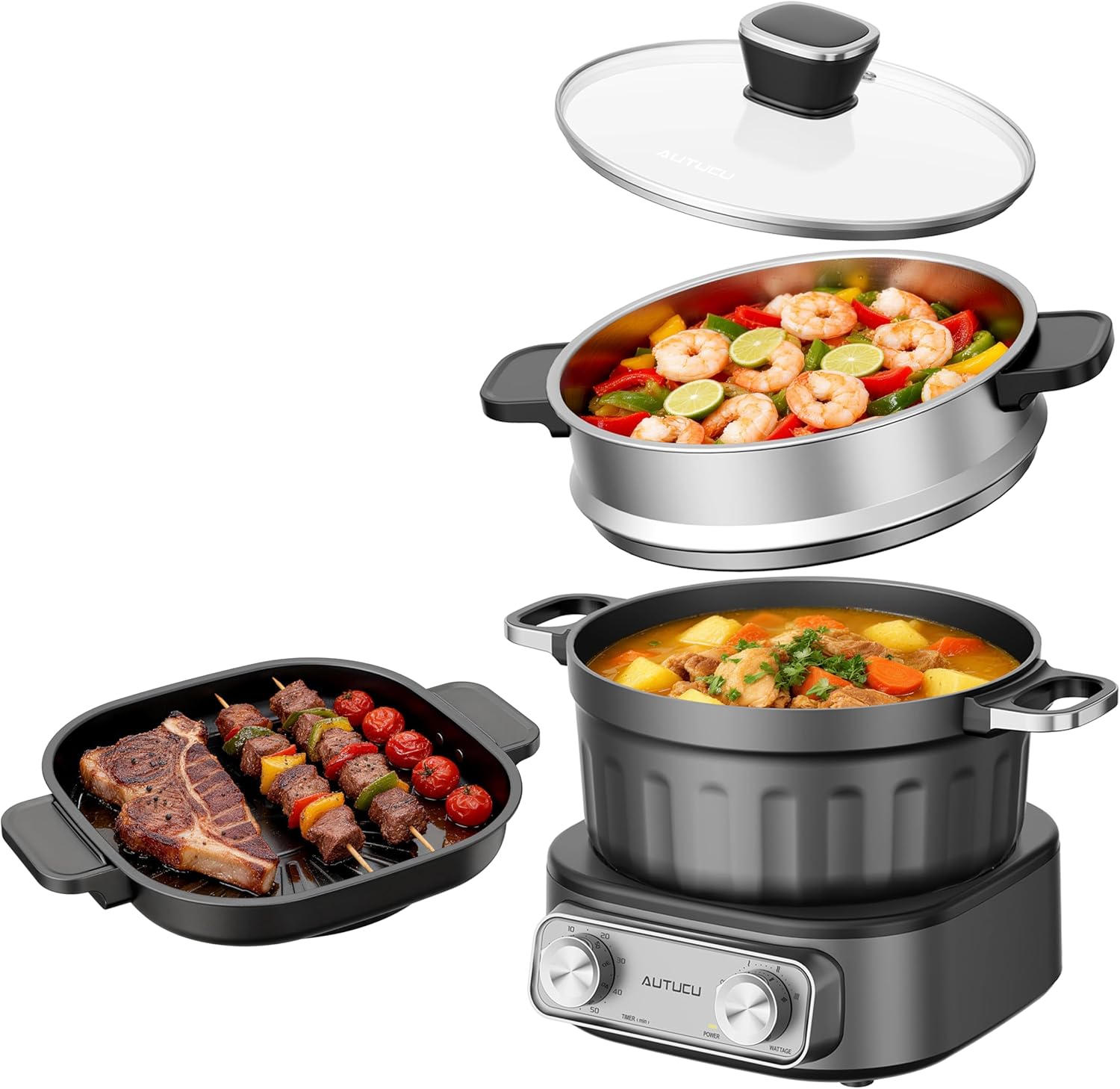 N74SNA Electric Hot Pot Multi-Cooker - 2.5 Quart Nonstick Grill & Steamer Set for Steak, Soup, Ramen