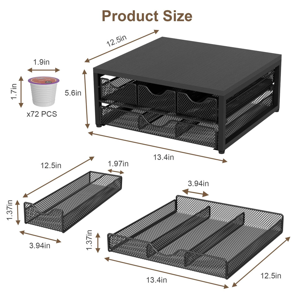 Coffee Pod Holder For Counter, 3 Pull-Out 72 K-Cup Holder Drawer, Wooden Cafe Pods Storage Organizer with Sliding Drawers for Coffee Station, Home, Kitchen, Office, Dorm (Black)