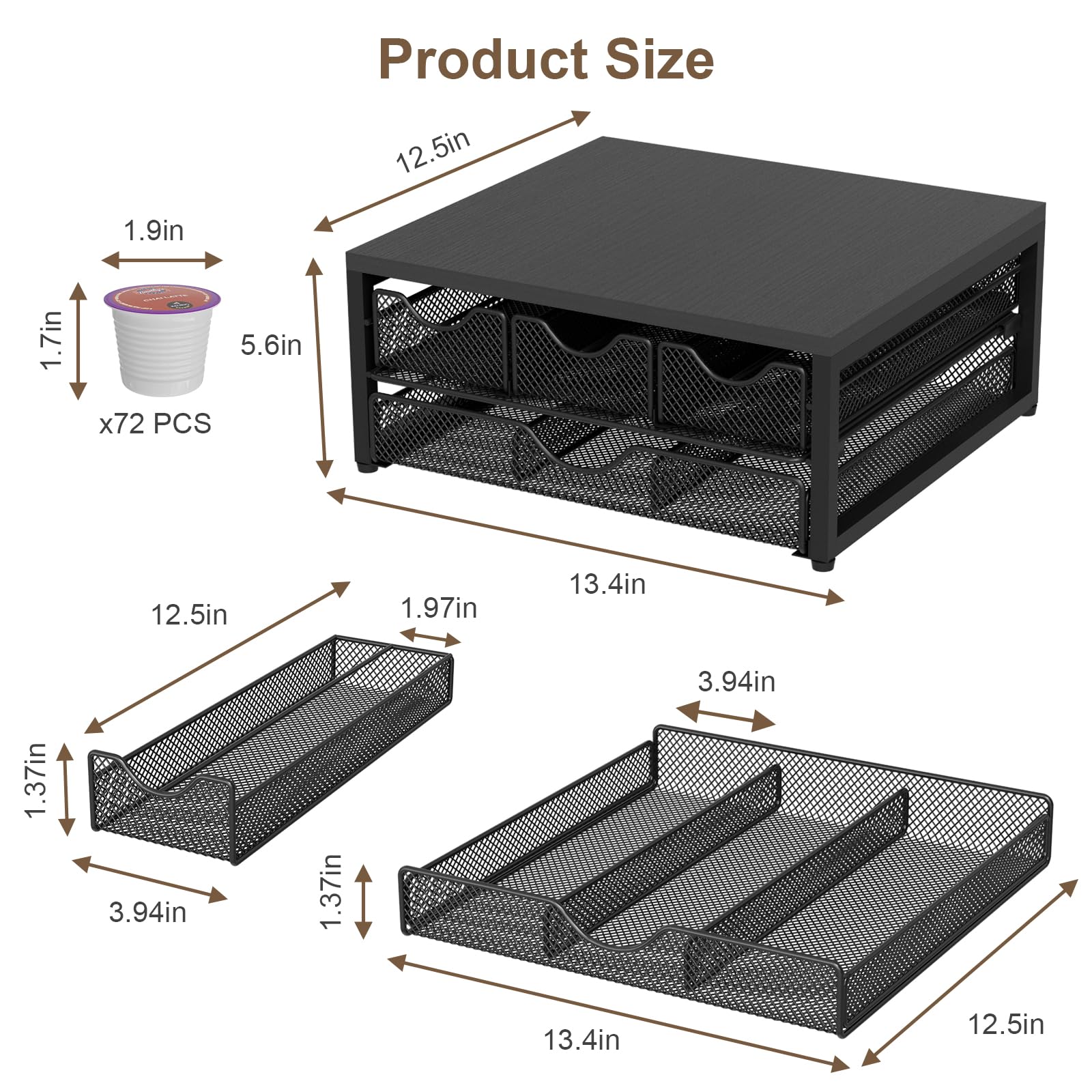 Coffee Pod Holder For Counter, 3 Pull-Out 72 K-Cup Holder Drawer, Wooden Cafe Pods Storage Organizer with Sliding Drawers for Coffee Station, Home, Kitchen, Office, Dorm (Black)