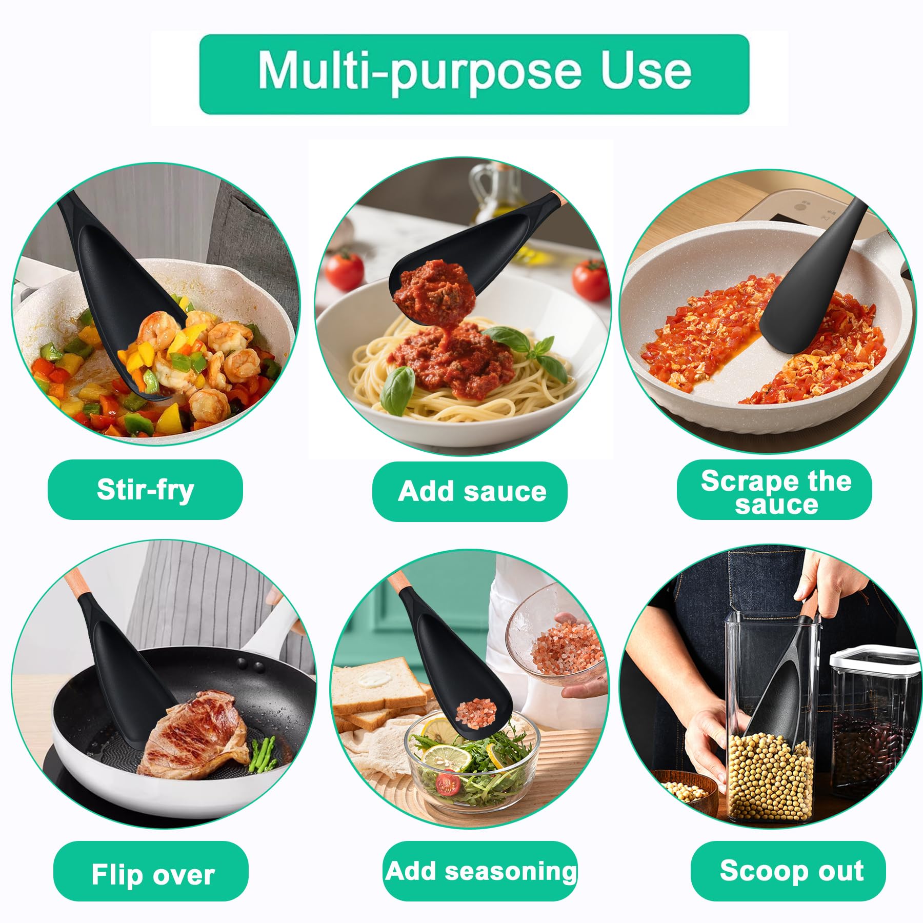 Cooking Spoon for Nonstick Cookware - BPA-Free Matte Silicone & Wooden Handle, Heat-Resistant for Mixing, Scooping, Scraping and Serving, Safe for Pots Pans Skillets (2-Pack)