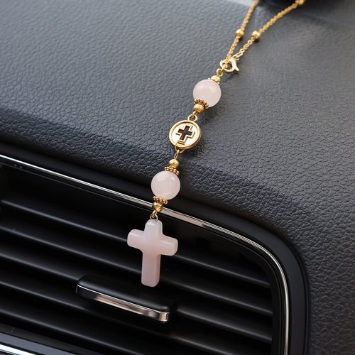Cross Crystal Hanging Car Charm,Cute Healing Stones Car Decor for Rear View Mirror Boho Handmade Sun Catcher Ornament Accessories Rose Quartz Crystal Protection for Women