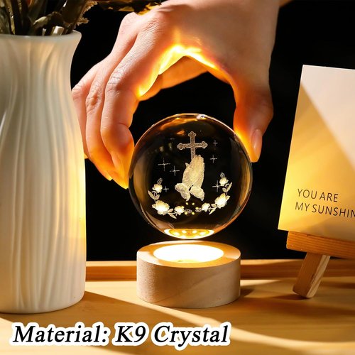 3D Crystal Crossing Hands Prayer Ball - LED Base Christian Night Light | 2.36-Inch Glass Cross Decor