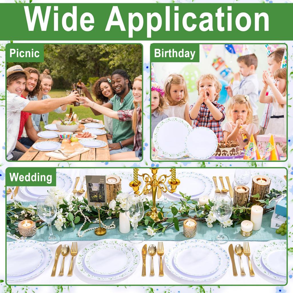 YOUBET 60PCS Floral Plastic Plates - Disposable Decorative Plates Set for 30 Guests - Blue and Green Floral Plate - Spring Plastic Dishes Dinnerware Sets for Tea Party & Wedding & Bridal Shower