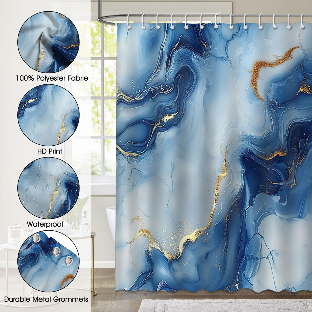 Mocsicka Blue Marble Shower Curtain Abstract Modern Luxury Marble Bathroom Shower Curtain Blue Marble Waterproof Fabric Shower Curtains Bathtub Decor with 12 Hooks 72 X 72 Inch (Blue)
