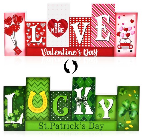 Reversible Wooden Love & Lucky Sign, Valentine’s Day and St. Patrick’s Day Double-Sided Tabletop Décor Centerpiece