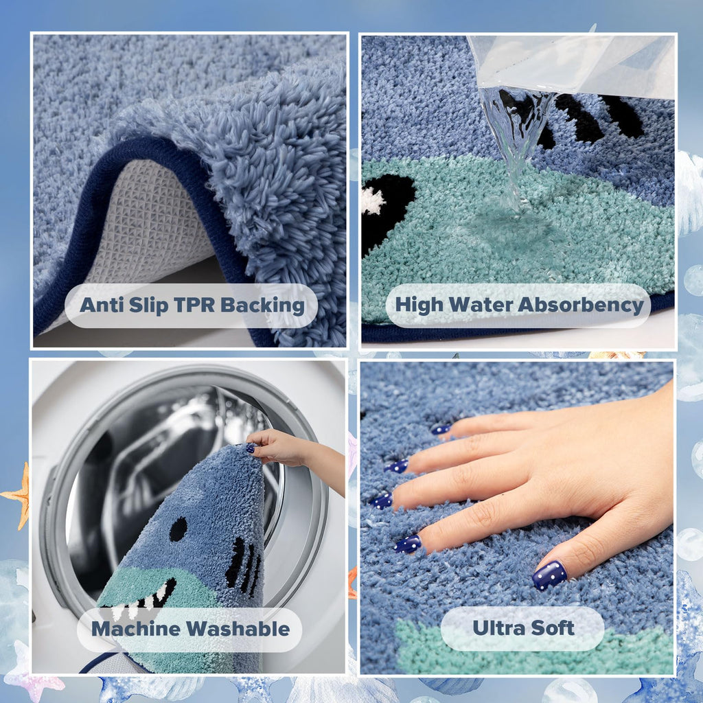 Percozzi Shark Shaped Bathroom Rug, Soft Absorbent Cute Animal Bath Mat with Non-Slip Backing, Washable Shark Rug for Bathroom Floor, Tub & Shower Decor, 25"x39"
