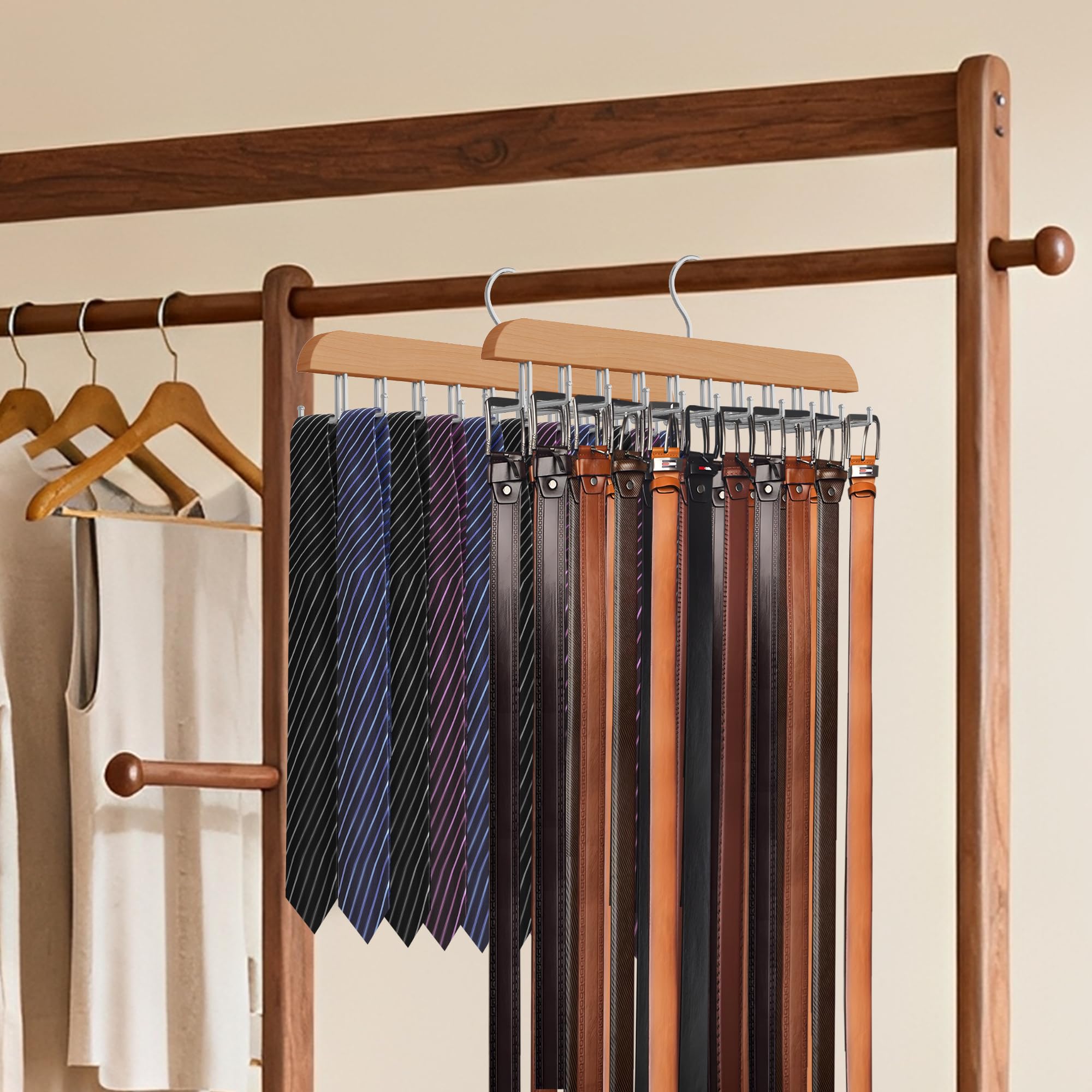 Cycleacc Tie Rack Hanger for Closet, 2 in 1 Belt Tie Hangers with 20 Folding Hooks, 360 Degree Rotating Wooden Tie Holder Organizer for Men Ties Belts Scarves Tank Tops Accessories, Wood (1 Pack)