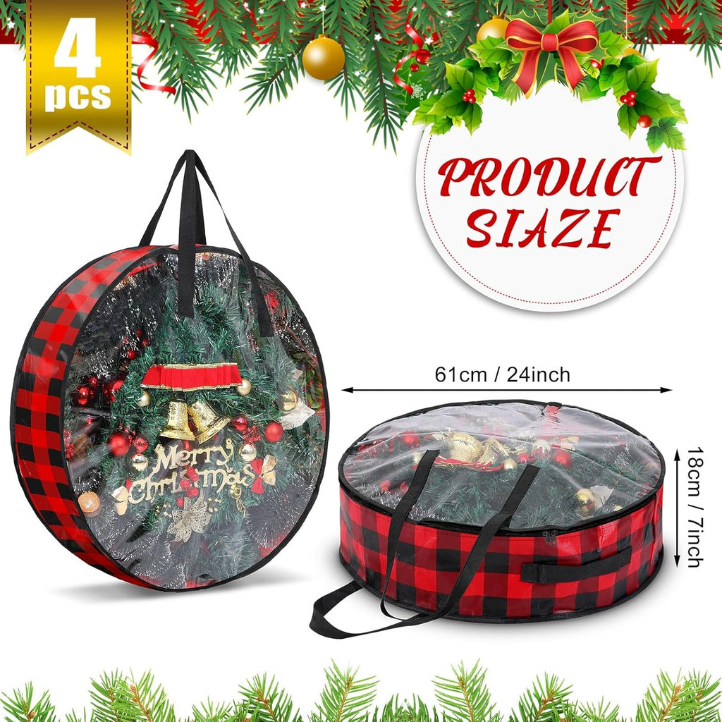 Shappy Christmas Wreath Storage Bag - 4 Pcs with Clear Window & Handles | Red Black, 24 Inch